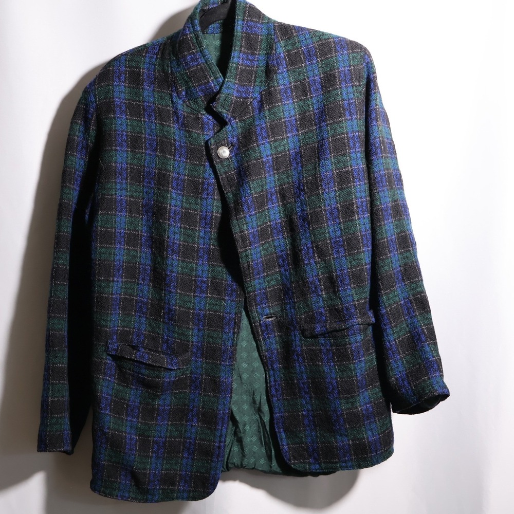 VTG Unicen Spain Wool Blue Green Plaid Blazer Jacket Womens XL Academia Prep SEE